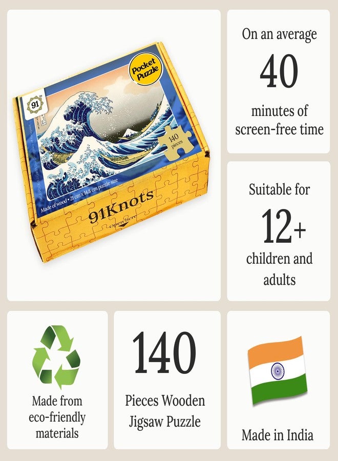 91Knots Hokusai's The Great Wave Off Kanagawa Wooden Jigsaw Puzzle (140 Pieces) for Adults and Kids | Japanese Ukiyo-e Artwork | Brain Booster Games & Toys | Birthday Gift for Kids - Image 3